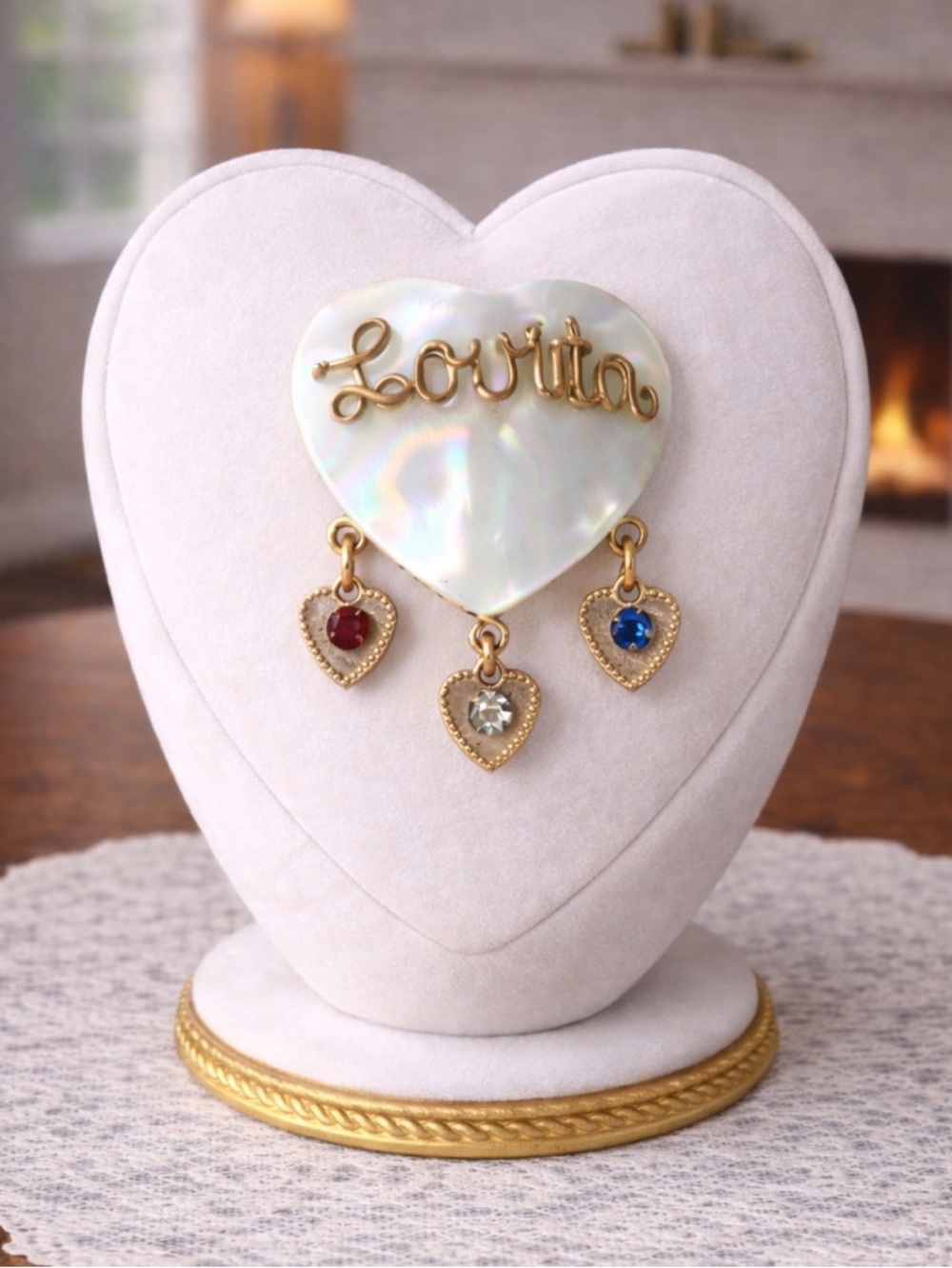 Vintage Carved MOP Heart Brooch with Gold and Jewel Accents
